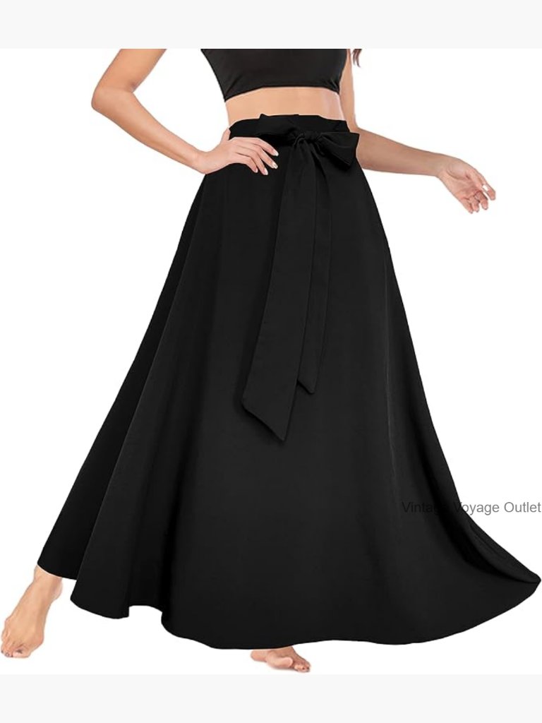 High Waist A-Line Maxi Skirt With Pockets, Tie Front, Flowy